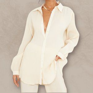 Tall Cream Plisse Oversized Cuff Detail Shirt